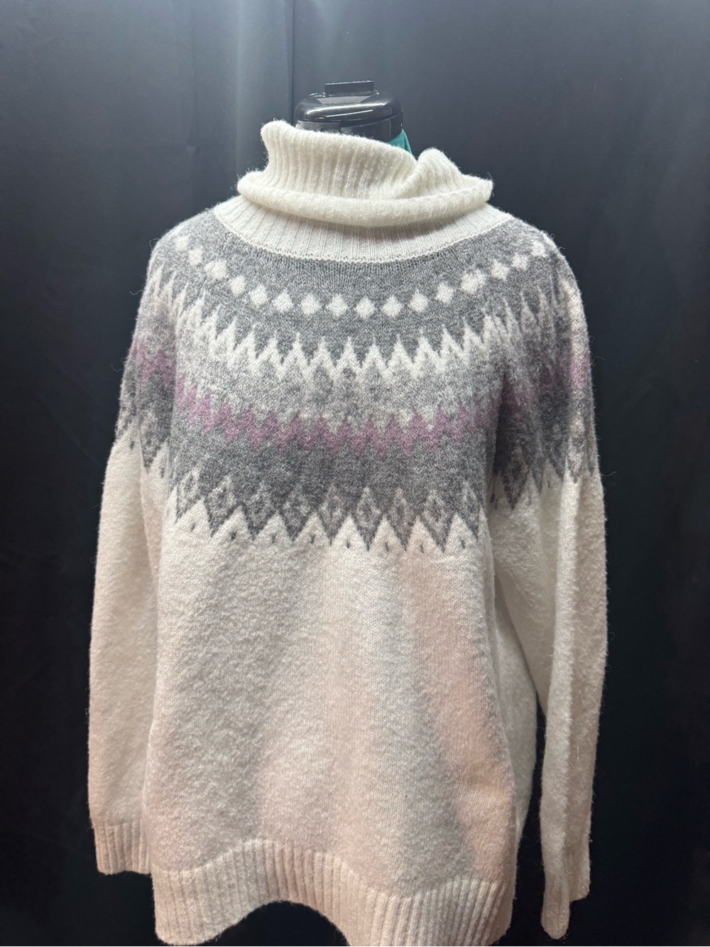 Cream Fair Isle Turtleneck Sweater with Gray & Pink Accents